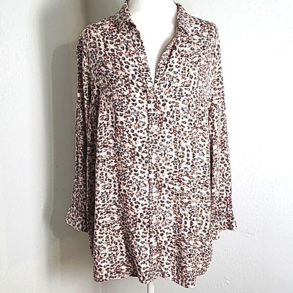 Velvet 🤍 Heart White, Rust & Black Buttondown Print Shirt, Size 1X - Picture 1 of 7